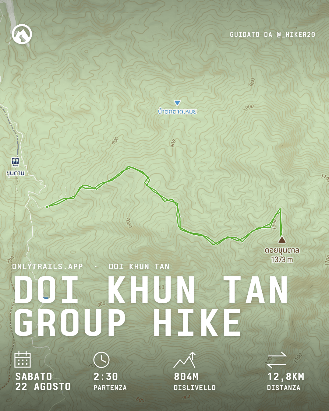 Locandina invito: Doi Khun Tan group hike, sabato 22 agosto 2026 alle 02:30 GMT+7, https://maps.google.com/?q=18.49542,99.26982