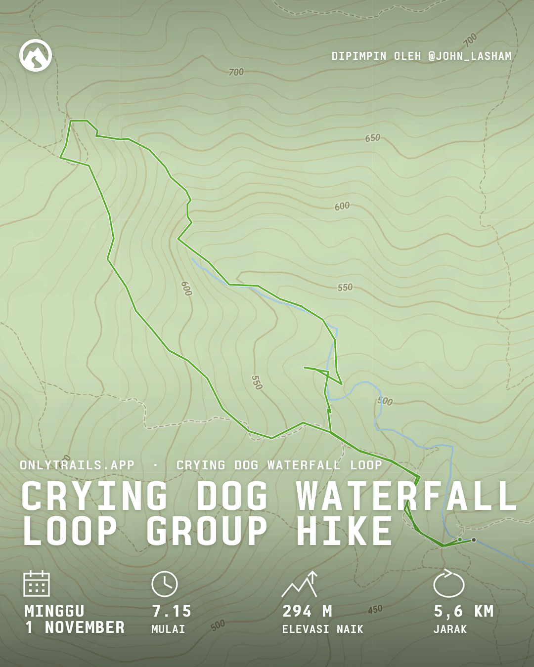 Poster undangan: Crying Dog Waterfall Loop group hike, Minggu, 1 November 2026 pukul 07.15 GMT+7, Direction place
