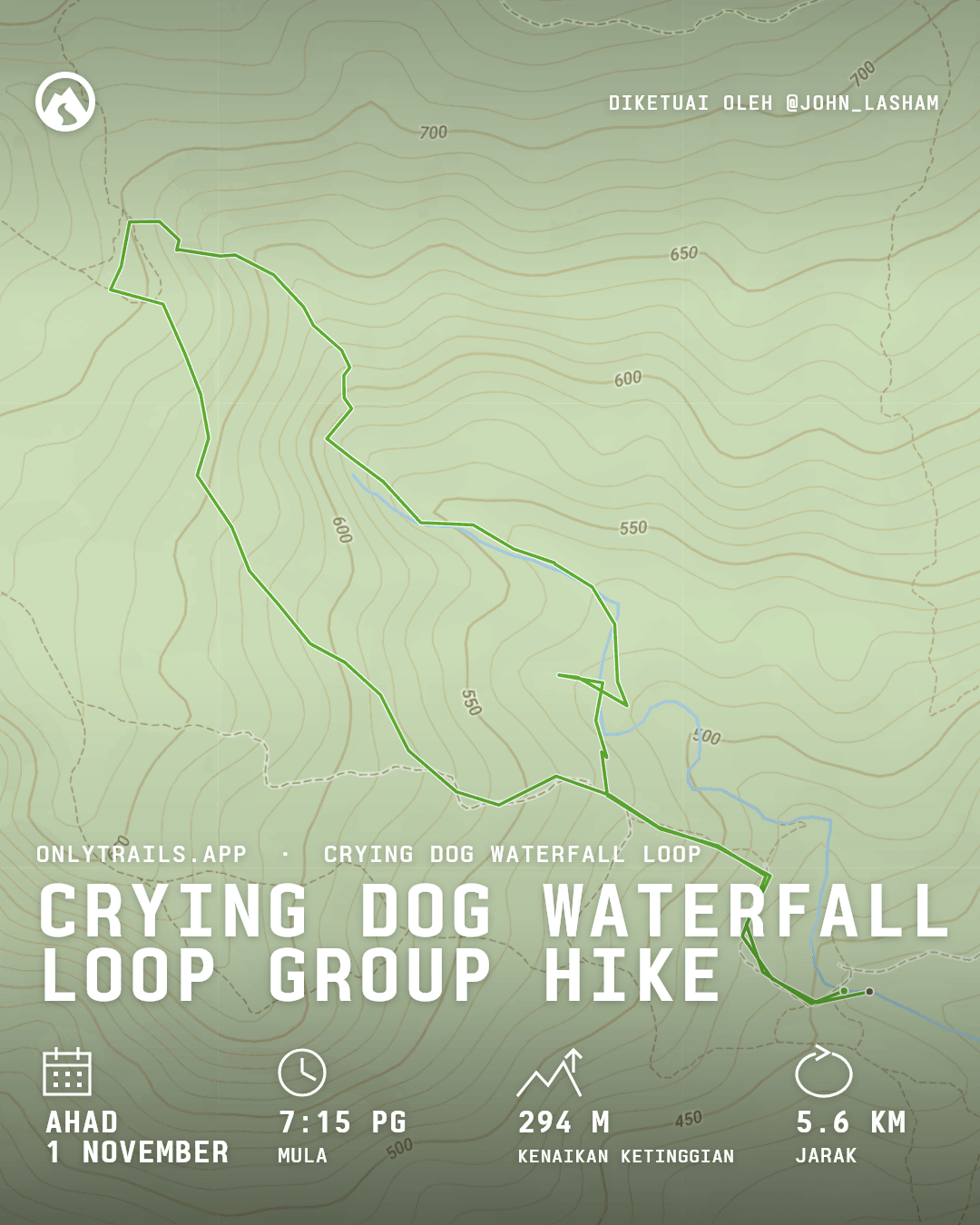 Poster jemputan: Crying Dog Waterfall Loop group hike, Ahad, 1 November 2026 pada 7:15 PG GMT+7, Direction place