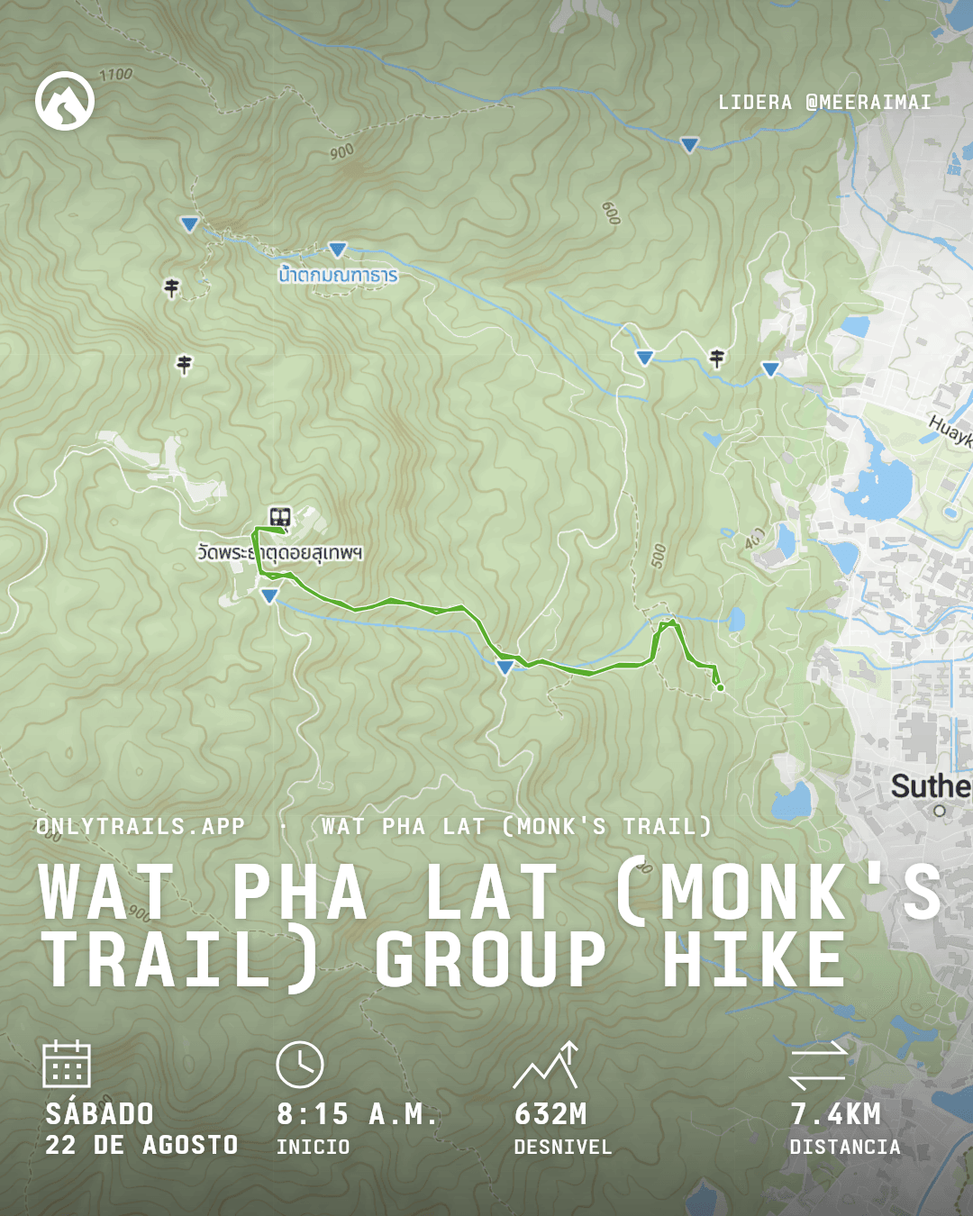 Póster de invitación: Wat Pha Lat (Monk's Trail) group hike, sábado, 22 de agosto de 2026 a las 8:15 a.m. GMT+7, https://maps.google.com/?q=18.79766,98.94218