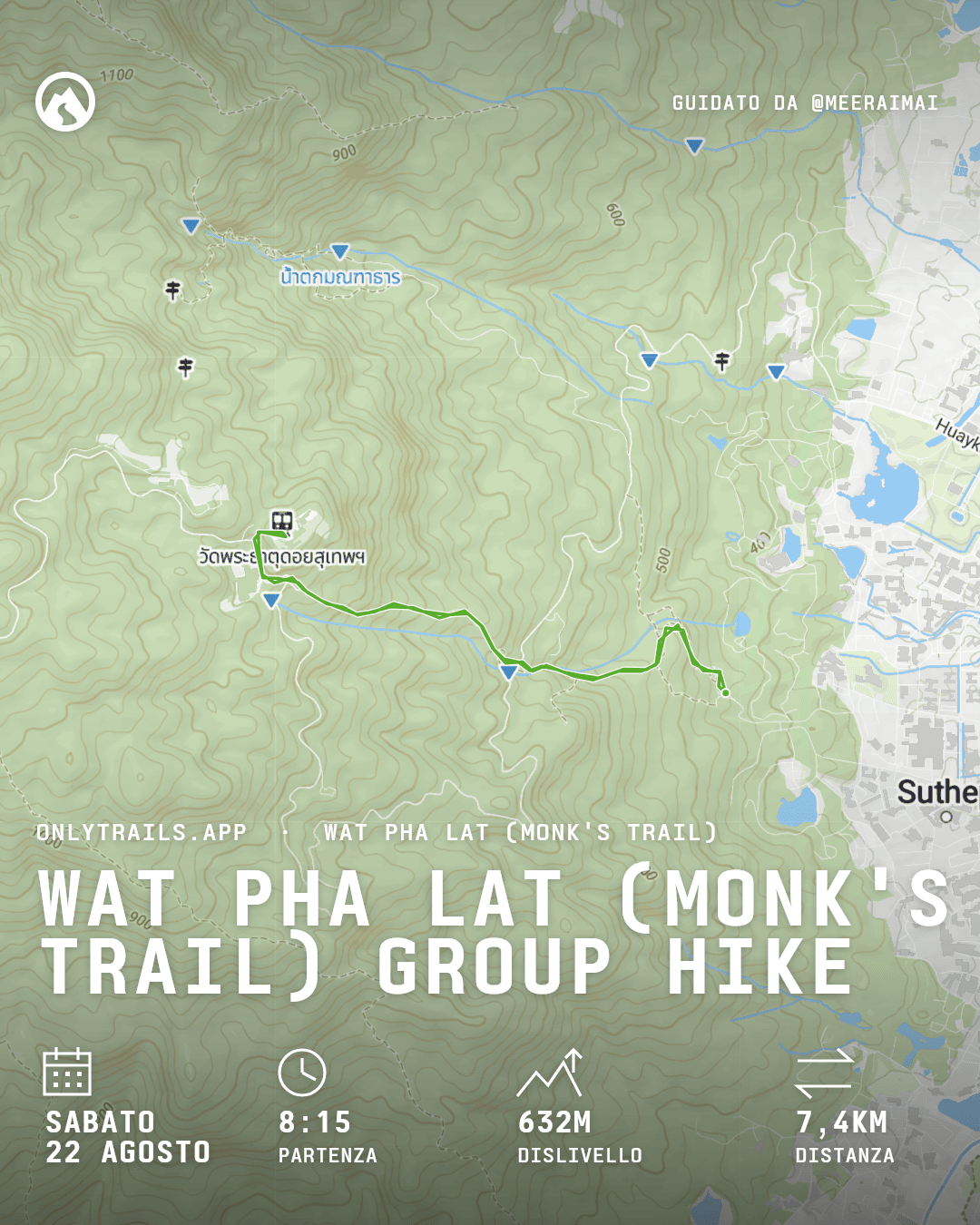 Locandina invito: Wat Pha Lat (Monk's Trail) group hike, sabato 22 agosto 2026 alle 08:15 GMT+7, https://maps.google.com/?q=18.79766,98.94218