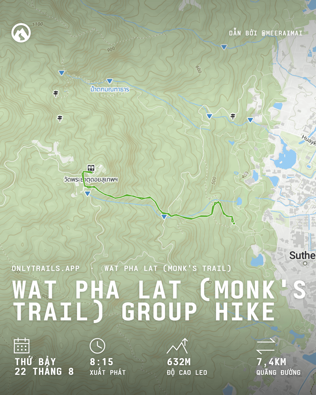 Áp phích mời: Wat Pha Lat (Monk's Trail) group hike, Thứ Bảy, 22 tháng 8, 2026 lúc 08:15 GMT+7, https://maps.google.com/?q=18.79766,98.94218