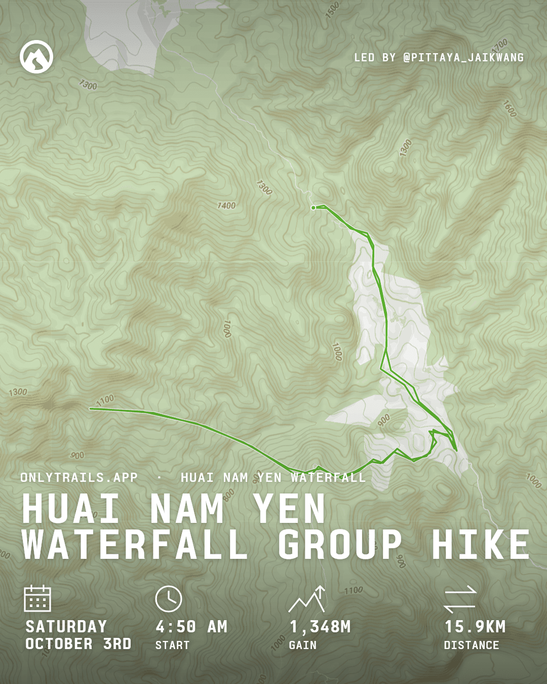 Invite poster: Huai Nam Yen Waterfall group hike, Saturday, October 3, 2026 at 4:50 AM GMT+7, ตลาดสด เทศบาลตำบลอมก่อย