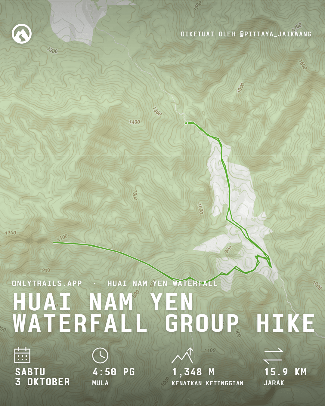 Poster jemputan: Huai Nam Yen Waterfall group hike, Sabtu, 3 Oktober 2026 pada 4:50 PG GMT+7, ตลาดสด เทศบาลตำบลอมก่อย