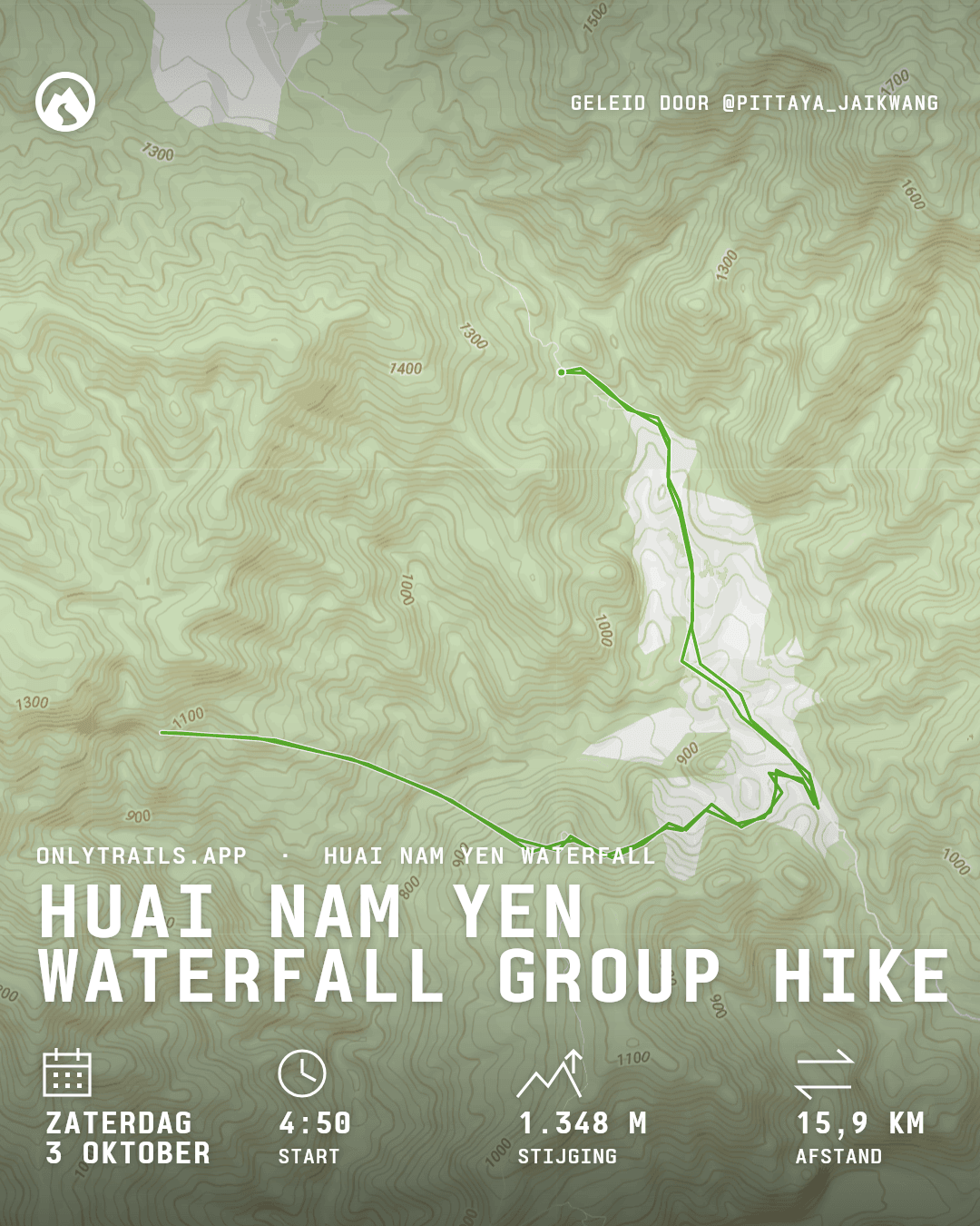 Uitnodigingsposter: Huai Nam Yen Waterfall group hike, zaterdag 3 oktober 2026 om 04:50 GMT+7, ตลาดสด เทศบาลตำบลอมก่อย