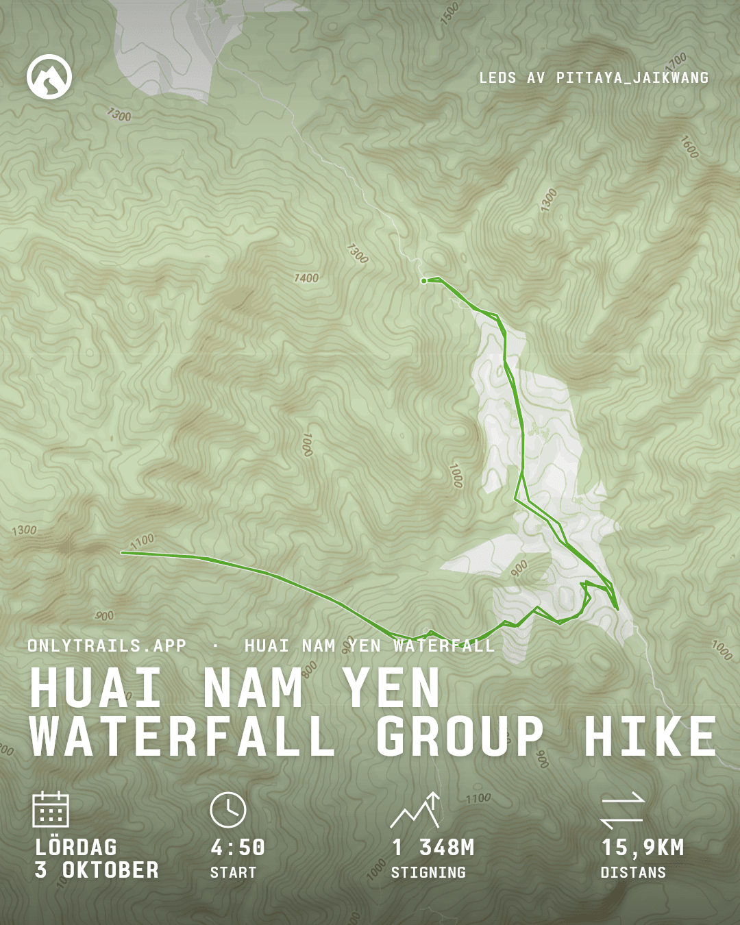 Inbjudningsaffisch: Huai Nam Yen Waterfall group hike, lördag 3 oktober 2026 kl. 04:50 GMT+7, ตลาดสด เทศบาลตำบลอมก่อย