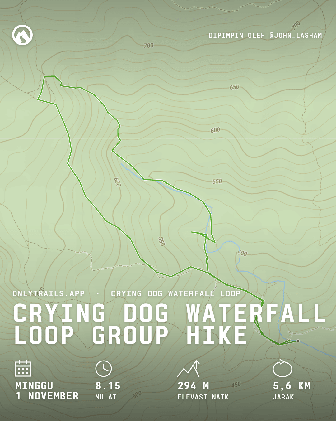 Poster undangan: Crying Dog Waterfall Loop group hike, Minggu, 1 November 2026 pukul 08.15 GMT+7, Direction place