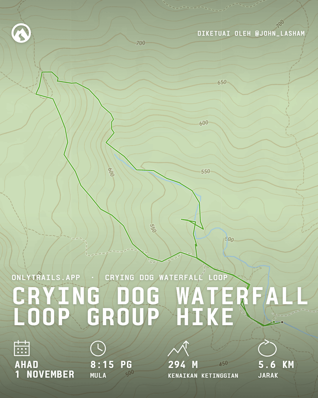 Poster jemputan: Crying Dog Waterfall Loop group hike, Ahad, 1 November 2026 pada 8:15 PG GMT+7, Direction place