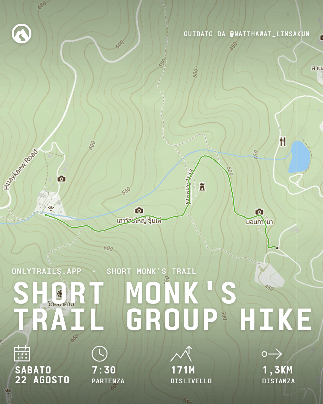Locandina invito: Short Monk's Trail group hike, sabato 22 agosto 2026 alle 07:30 GMT+7, https://maps.google.com/?q=18.797661,98.942181