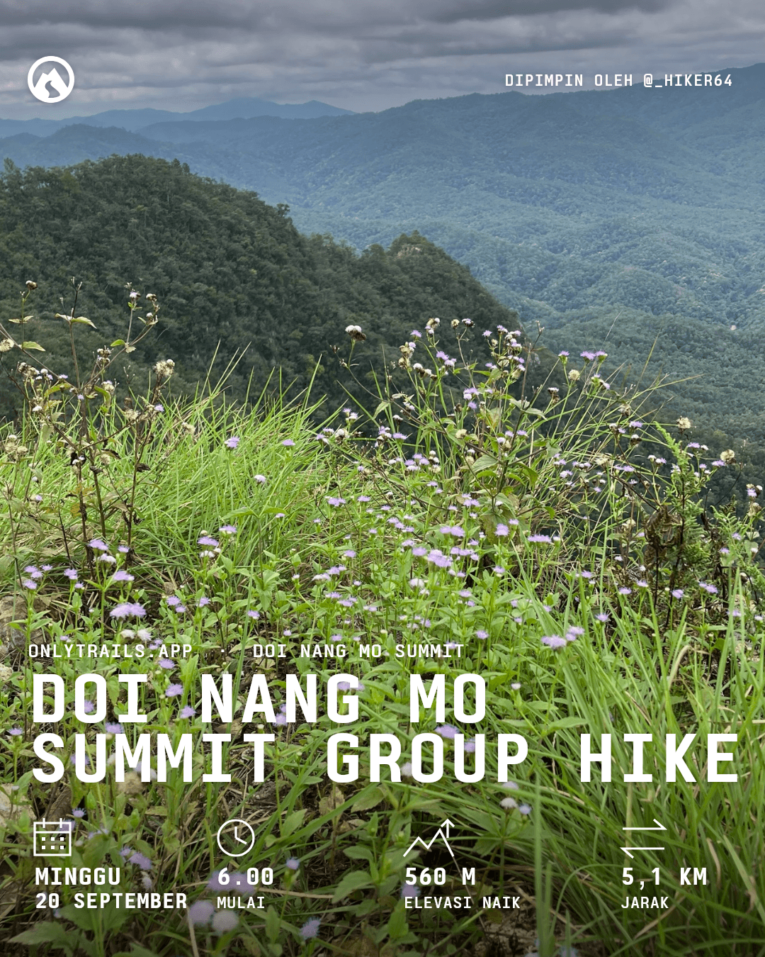 Poster undangan: Doi Nang Mo Summit group hike, Minggu, 20 September 2026 pukul 06.00 GMT+7, หลวงพ่อทันใจ