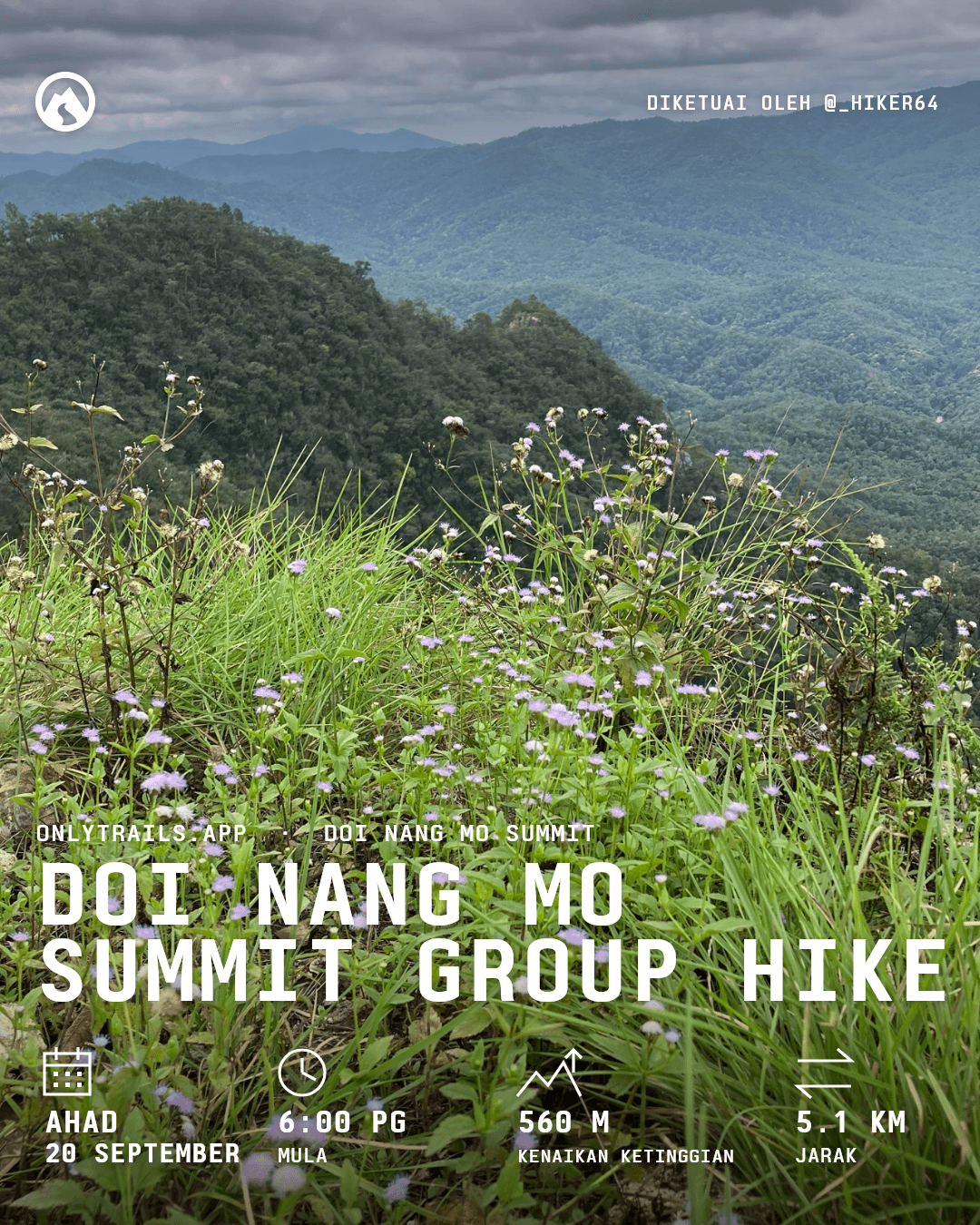 Poster jemputan: Doi Nang Mo Summit group hike, Ahad, 20 September 2026 pada 6:00 PG GMT+7, หลวงพ่อทันใจ