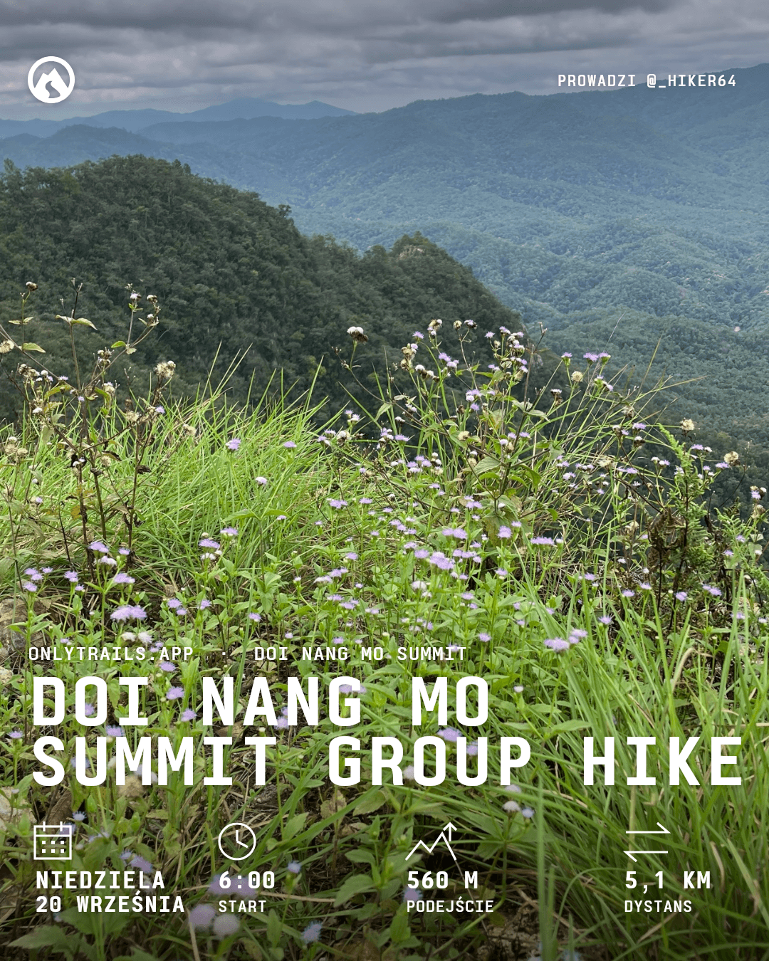 Plakat zaproszenia: Doi Nang Mo Summit group hike, niedziela, 20 września 2026 o 06:00 GMT+7, หลวงพ่อทันใจ