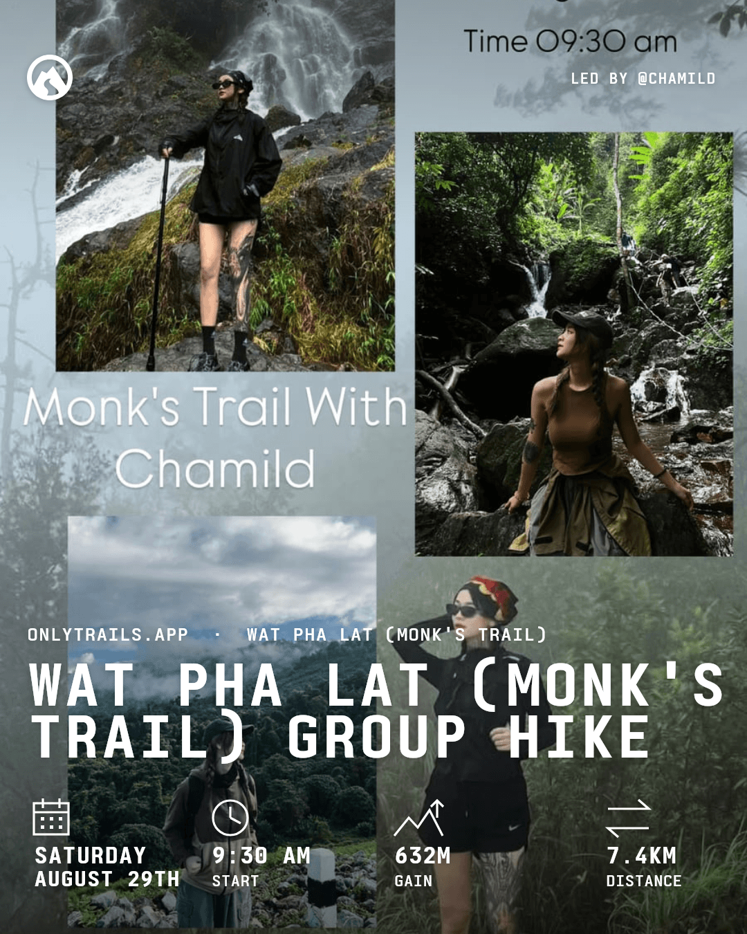 Invite poster: Wat Pha Lat (Monk's Trail) group hike, Saturday, August 29, 2026 at 9:30 AM GMT+7, Basecamp trail cafe