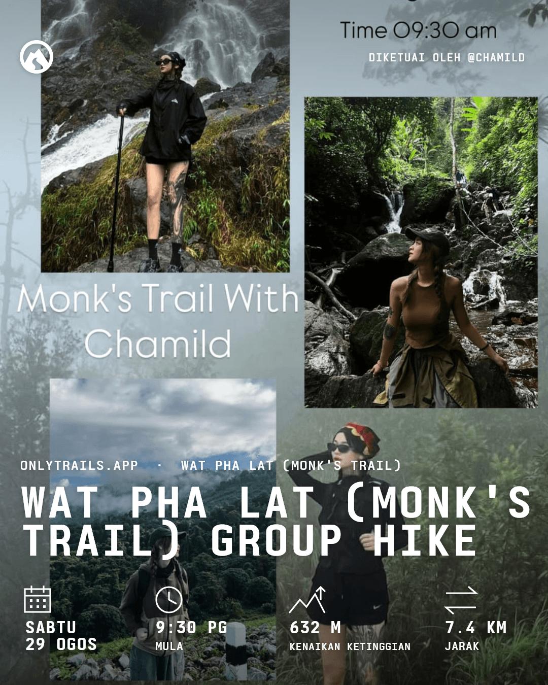Poster jemputan: Wat Pha Lat (Monk's Trail) group hike, Sabtu, 29 Ogos 2026 pada 9:30 PG GMT+7, Basecamp trail cafe